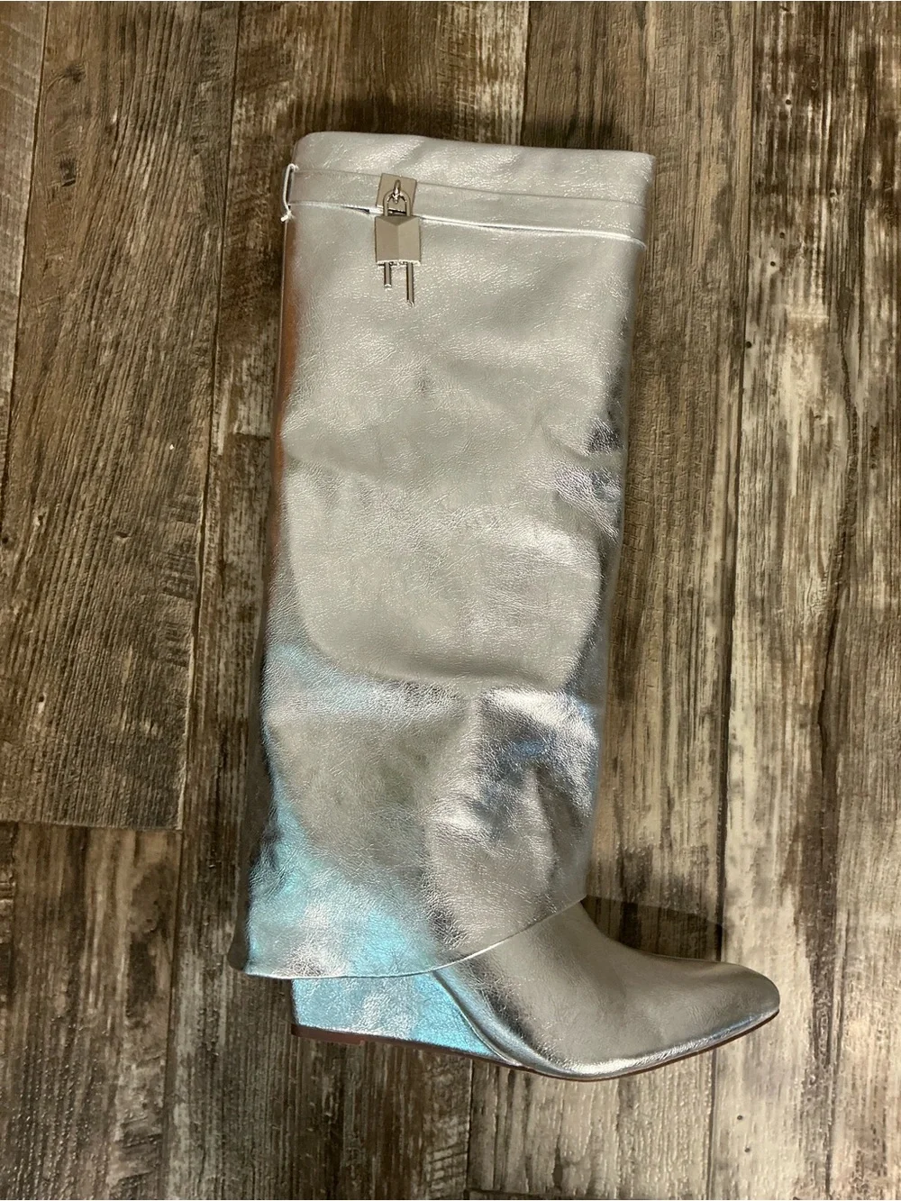 NWOB Fashion Nova Metallic Silver Knee-High Wedge Boots Size 9